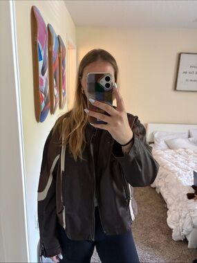 Anthropologie Brown, Dark Brown & Cream Leather Moto Jacket